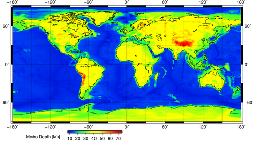 地球の地殻の厚さを示す世界地図。深海では最も薄く、大陸棚や陸地では高く、チベット高原などの高地では最も厚くなります。