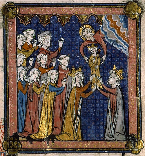 フィリップ＝アウグストゥス王の誕生（1275–1280）（フランス大年代記、サント＝ジュヌヴィエーヴ図書館、Ms. 782、フォリオ 280）
