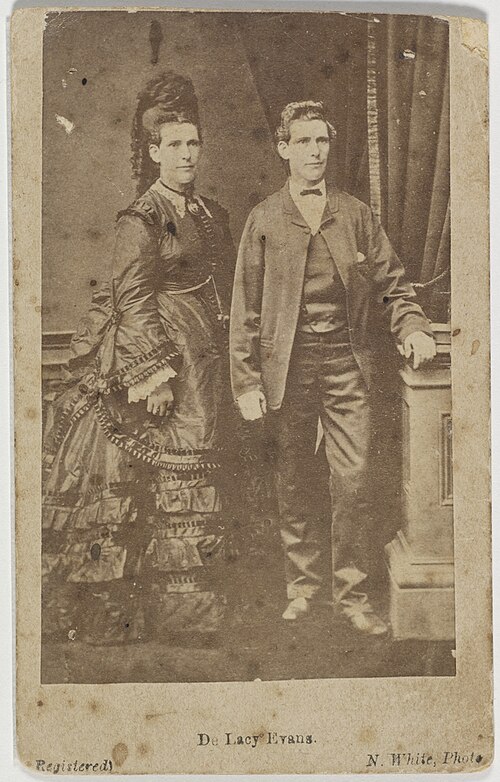 Double image of Evans from 1879 dressed in traditionally male and female clothing