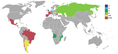 1966年サッカーワールドカップの参加国の結果を示す世界地図