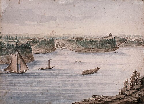1832年に撮影されたバラック・ヒル(現在のパーラメント・ヒル)とリドー運河