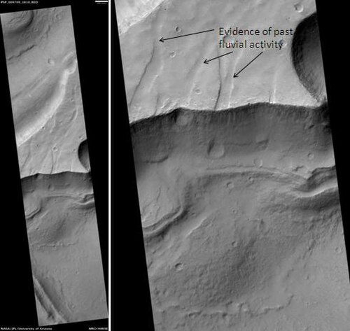HiRISE が捉えた Hydraotes Chaos。画像をクリックすると、チャネルとレイヤーが表示されます。スケール バーの長さは 1,000 m (3,300 フィート) です。画像は Oxia Palus 四角形にあります。