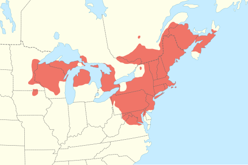 アメリカ東部とカナダ東部の地図。色分けによりアメリカオオガメの生息地が示されています。