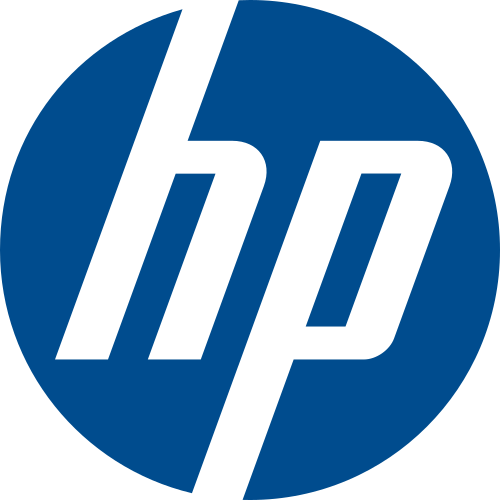 A dark blue circle with the stylized italic letters "hp" on it