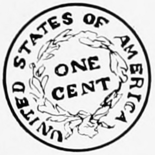 「ONE CENT」の文字を囲むオークの葉の花輪と「UNITED STATES OF AMERICA」の文字が刻まれたコイン