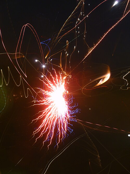 爆発する砲弾花火の写真。テキサス州デントンで 7 月 4 日に行われた花火大会、60 秒露出
