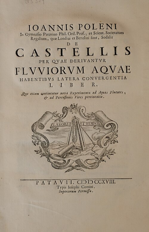 タイトルページ De Castellis per quaerivantur fluviorum aquae habentibus latea convergentia liber (1718)