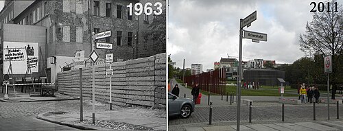 1963 年 (左) と 2011 年のアッカー通り交差点の壁。