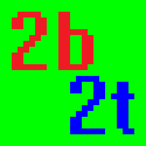 最初のロゴは、一行目に赤い「2b」、その下に青い「2t」が配置されています。文字はライムグリーンの背景にピクセルフォントで表示されています。