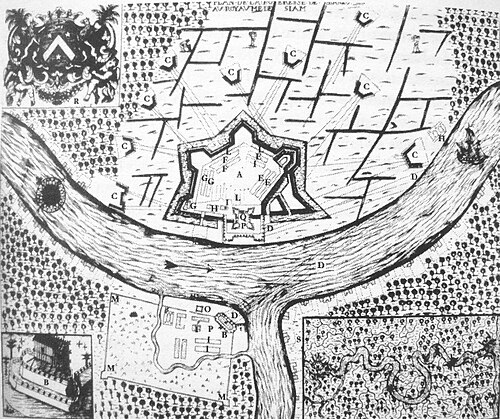 ナライ王治世のジャン・ヴォラン・デ・ヴェルカン著（1688年）による、1688年サイアム革命史史より、ワット・マコック（現在のワット・アルン）の位置を示すフランスの地図。