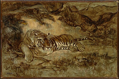 アントワーヌ＝ルイ・バリー作、「休息する虎」（1850～70年頃）、紙に油彩と木炭、キャンバスに貼付、31×46.5cm、クラーク美術館所蔵