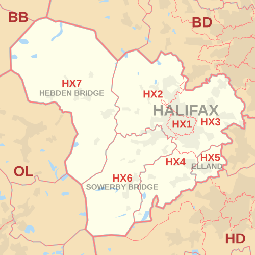 HX 郵便番号エリア マップ。郵便番号地区、郵便町、近隣の郵便番号エリアを表示します。
