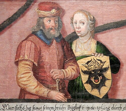 ヴァルティスラフ6世（1345年 - 1394年）、第1代ポンメルン＝バルト公爵と妻のアンナ・フォン・メクレンブルク＝シュタルガルト（コルネリウス・クロメニー（1598年）が描いたグリフィン家の家系図）