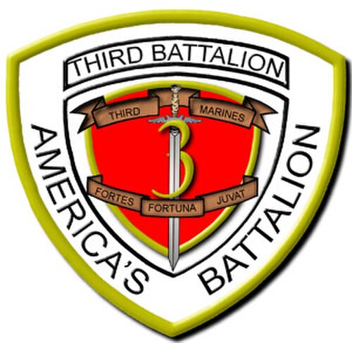 白い盾に赤い内側と金色の縁取りが施されている。上部には「Third Battalion」、下部には「America's Battalion」と書かれている。赤い内側の中央には剣が貫く「3」の数字があり、上部には「Third Marines」、下部には「Fortes Fortuna Juvat」と書かれている。