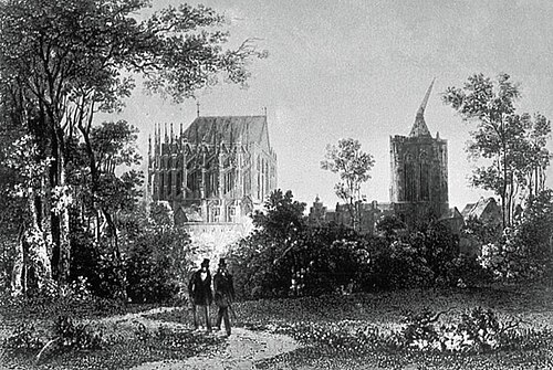 ヘンリー・ウィンクルズが彫刻した、1820 年の未完成の大聖堂。写真には大聖堂の塔の上にある巨大なクレーンが写っています。
