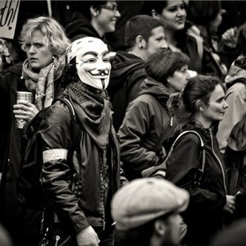 ポートランド占拠デモに参加したハクティビストAnonymousのメンバー。