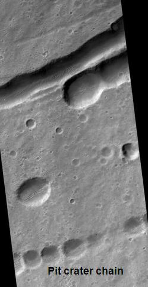 HiRISE が撮影し、イランのヤズドにあるエフサン・サネイ高校の天文クラブが提案したティレナ・パテラ。画像をクリックすると、火山の周りのピット・クレーターの列と同心円状の地形の素晴らしい景色が見られます。