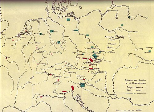 20世紀初頭の地図。デューレンシュタインの戦いの後、アウステルリッツ周辺に集結した部隊の様子を示している。