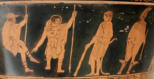 ヘラクレス、テセウス、ピリトオスがヘルメスと共に冥界にいる様子。（紀元前450年頃～440年頃のアッティカ赤絵式カリックス型クラテル）