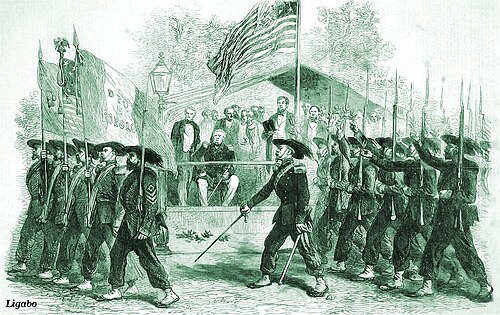 ガリバルディの衛兵は、つばの広い帽子と赤い襟章のついた青いフロックコートを着用していた。