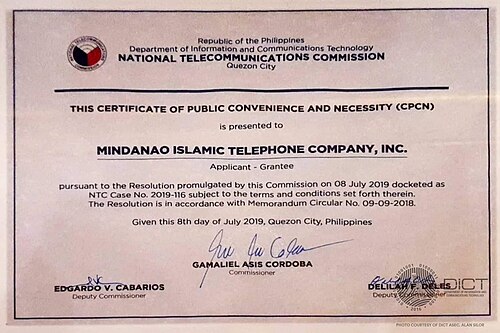 ミンダナオ・イスラム電話会社(Mindanao Islamic Telephone Company, Inc.)に発行された公共の便宜と必要性に関する証明書(2019年7月8日)。