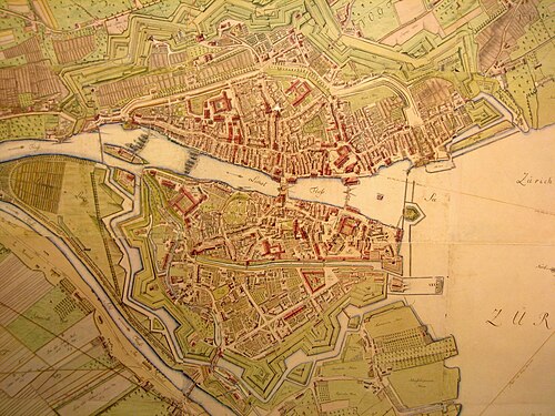 1793年のチューリッヒの地図（北が左）、いわゆるミュラープラン