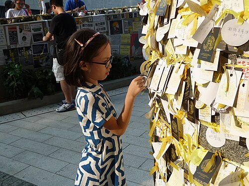 柱に書かれたメッセージを調べる少女