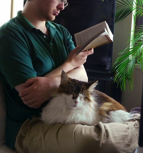 床にあぐらをかいて座っている男性の膝の上に、毛の長い三毛猫が座っていました。