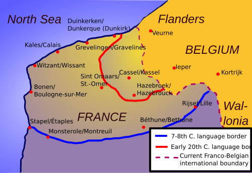 歴史的な言語区分とオランダ語の地名が記されたウェストフックの地図