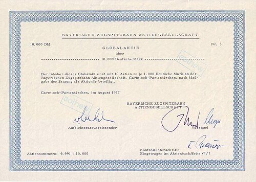 Bayerische Zugspitzbahn AG の株式、1977 年 8 月発行