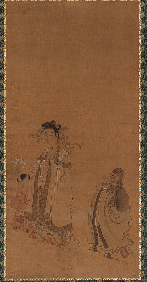 龍王が仏陀を敬う様子を描いた中国の水墨画（1368年～1644年）。