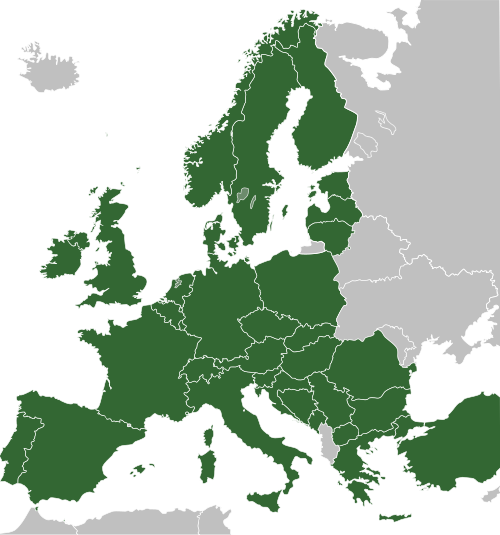 ヨーロッパの地図。インターレイルの国は緑色で表示されます。