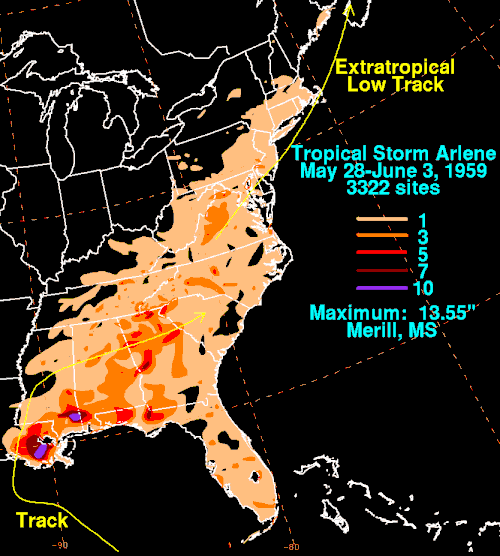 アメリカ東部の熱帯低気圧による降雨量を示す地図。降雨量(少ないものから多いものまで)は、黄褐色、オレンジ、赤、紫で色分けされた領域で表されます。