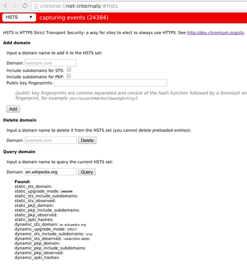 Chromium 45 内のセキュリティ設定ページ。ドメイン「en.wikipedia.org」のセキュリティ ポリシーのステータスが表示されています。