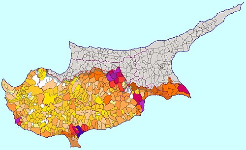 南キプロスの人口地図。各地区の居住者数を色のグラデーションで表現している。