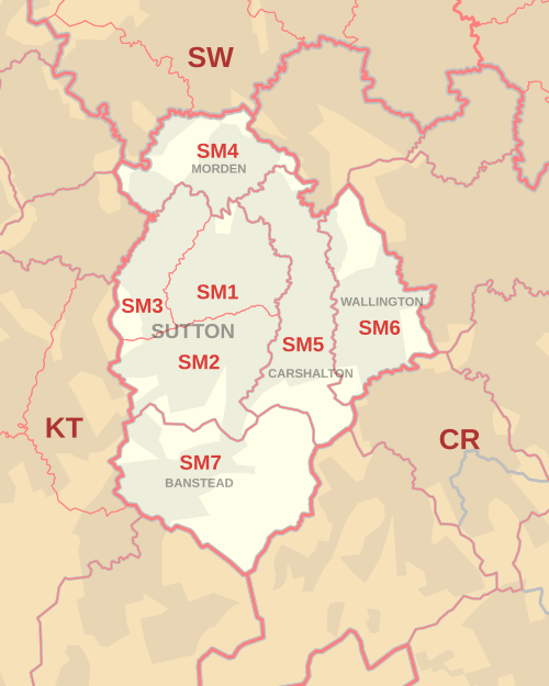 SM郵便番号区域地図。郵便番号地区、郵便局所在地、および近隣の郵便番号区域を示しています。
