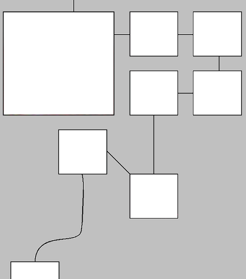 さまざまなサイズの空白のパネルが線でつながっており、読者の目を右、下、左、斜め上、そして再び下に導きます。