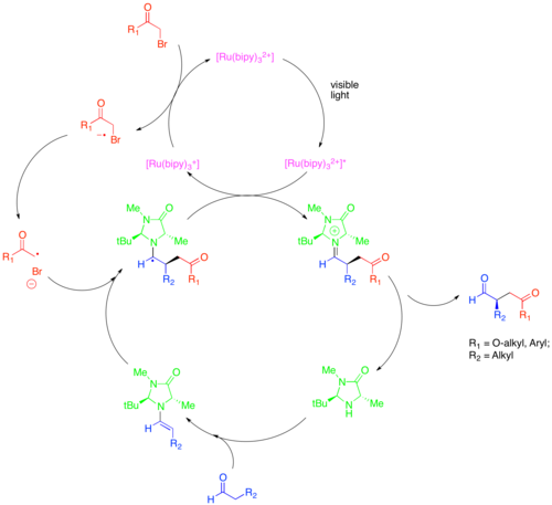 Diagram of Enantioselective Alkylation of Aldehydes via the synergistic combination of organo- and photoredox catalysis