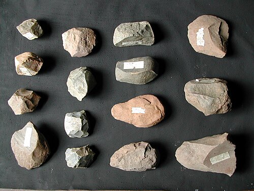 石器の遺物には、旧石器時代にヒト科動物が使用した剥片、石核、ハンマーなどが含まれる。