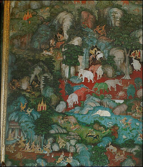 ヒマパンの壁画には、タイの民間伝承に登場する神話上のヒマパンの森に生息する、神話上の動物たちが描かれている。