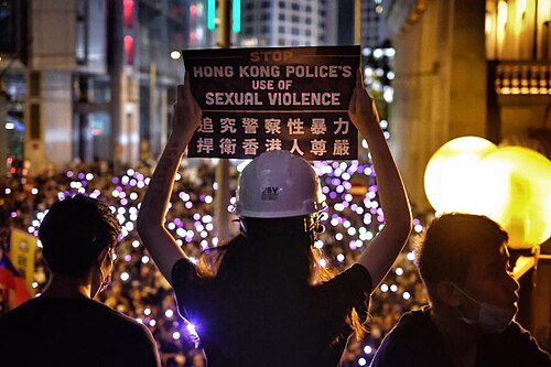 警察による性的暴力疑惑に抗議するプラカードを掲げるデモ参加者