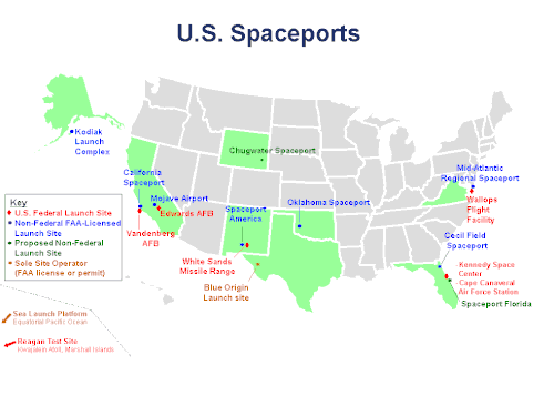 2010年2月時点の、米国における認可済み宇宙港の地図