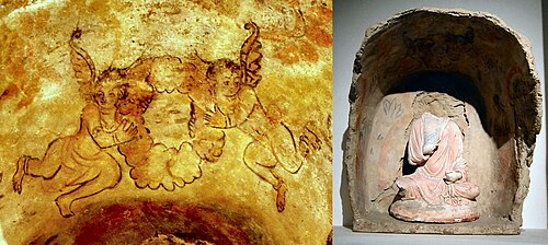 アフガニスタンのハッダにある、仏陀の上に花輪を掲げる翼のあるキューピッド像