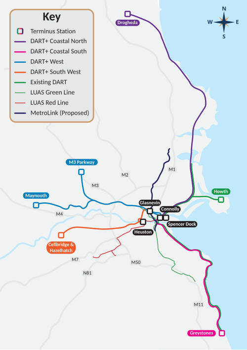 ダブリン地域の地図。既存のDARTおよびLUAS路線(2023年時点)、提案されているDART+計画、および提案されているMetroLink計画が示されている。終着駅はヒューストン駅、コノリー駅、スペンサー・ドック駅、グラスネビン駅である。