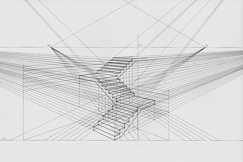 多点透視図法で描かれた階段。各点は消失点であり、そこから直線が伸び、これらの直線が3次元物体を描くためのガイドとなる。