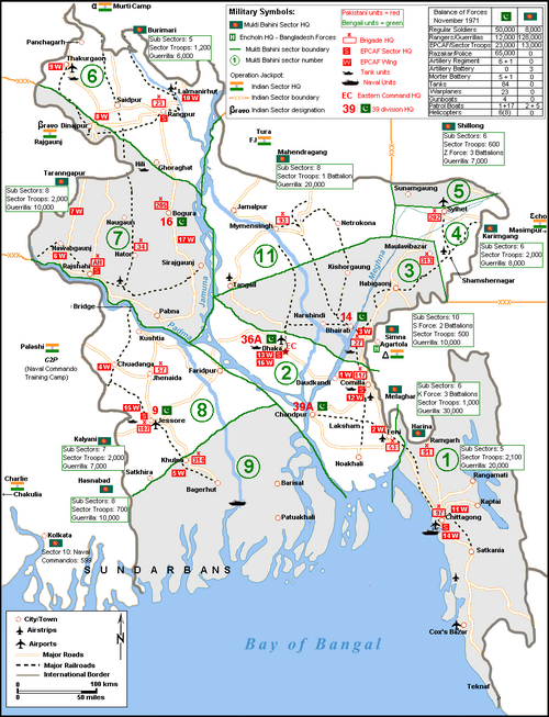 1971年11月時点のバングラデシュの軍事地図
