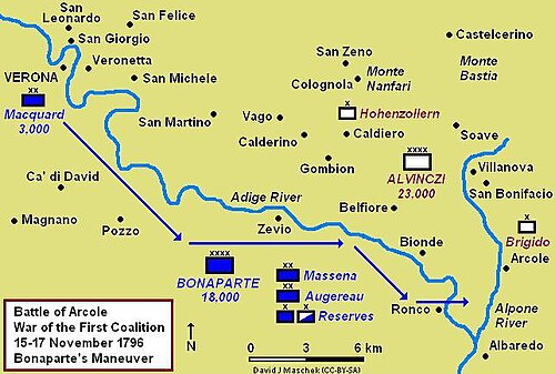 ヴェローナからロンコへのボナパルトの作戦を示す地図
