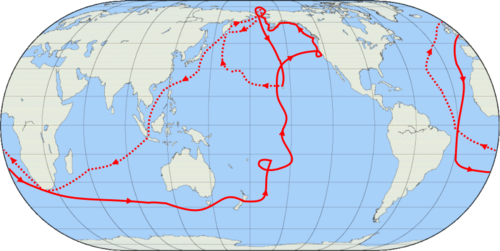 クック船長の3回目の航海の航路を示す線が描かれた、地球全体の地図