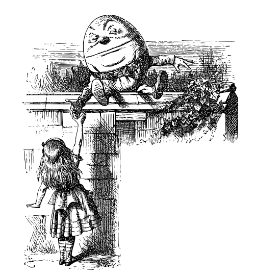 人間の顔の特徴を持つ巨大な卵が壁の上にちょこんと座り、下の少女に話しかけている。