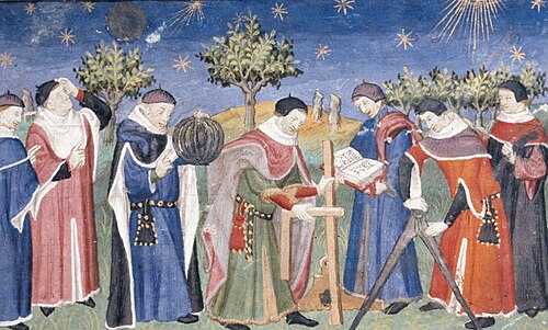 星空の下で聖職者の服を着て機器を握る7人の男性
